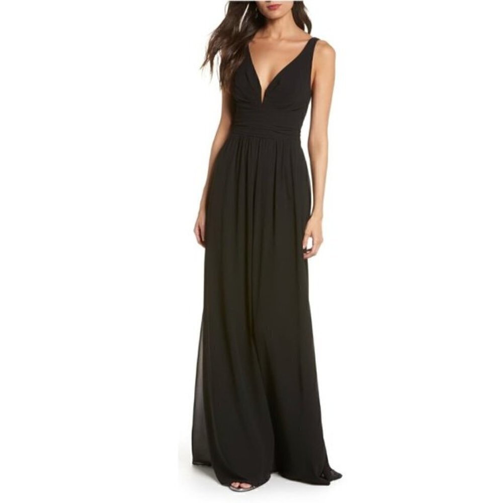 Lulu's Black Sexy A-Like Deep V-neck Wedding Guest Chiffon Dress Gown X-small
